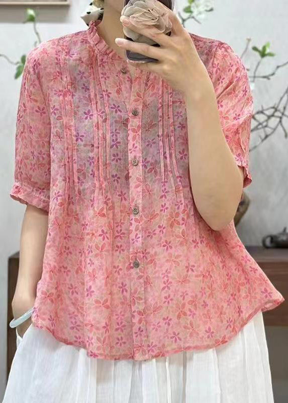 New Pink Ruffled Button Print Linen Shirt Summer JH007 MMDM-STP240717