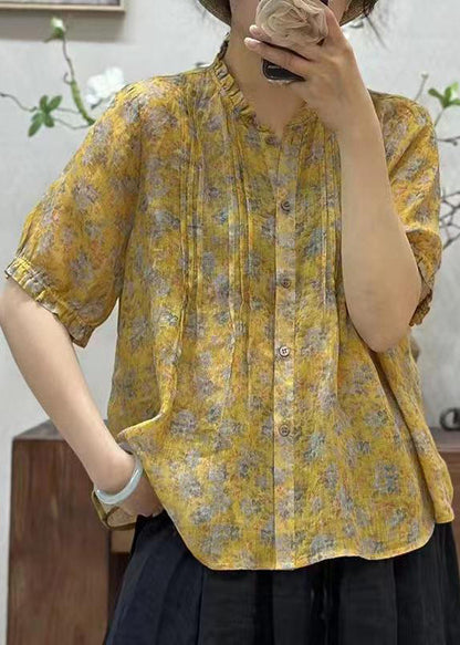 New Pink Ruffled Button Print Linen Shirt Summer JH007 MMDM-STP240717