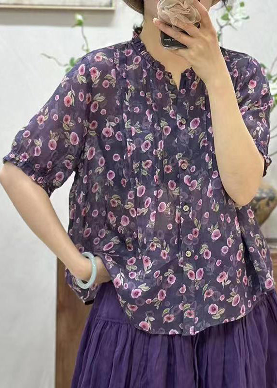 New Pink Ruffled Button Print Linen Shirt Summer JH007 MMDM-STP240717