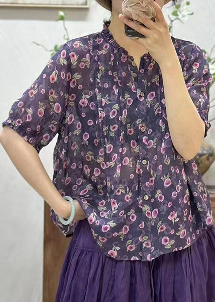 New Pink Ruffled Button Print Linen Shirt Summer JH007 MMDM-STP240717