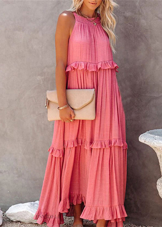 New Pink Ruffled Lace Up Cotton Long Dresses Sleeveless TL017