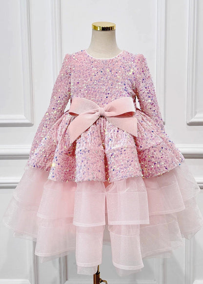 New Pink Sequins Tulle Patchwork Bow Girls Maxi Dresses Spring YG013 ABC