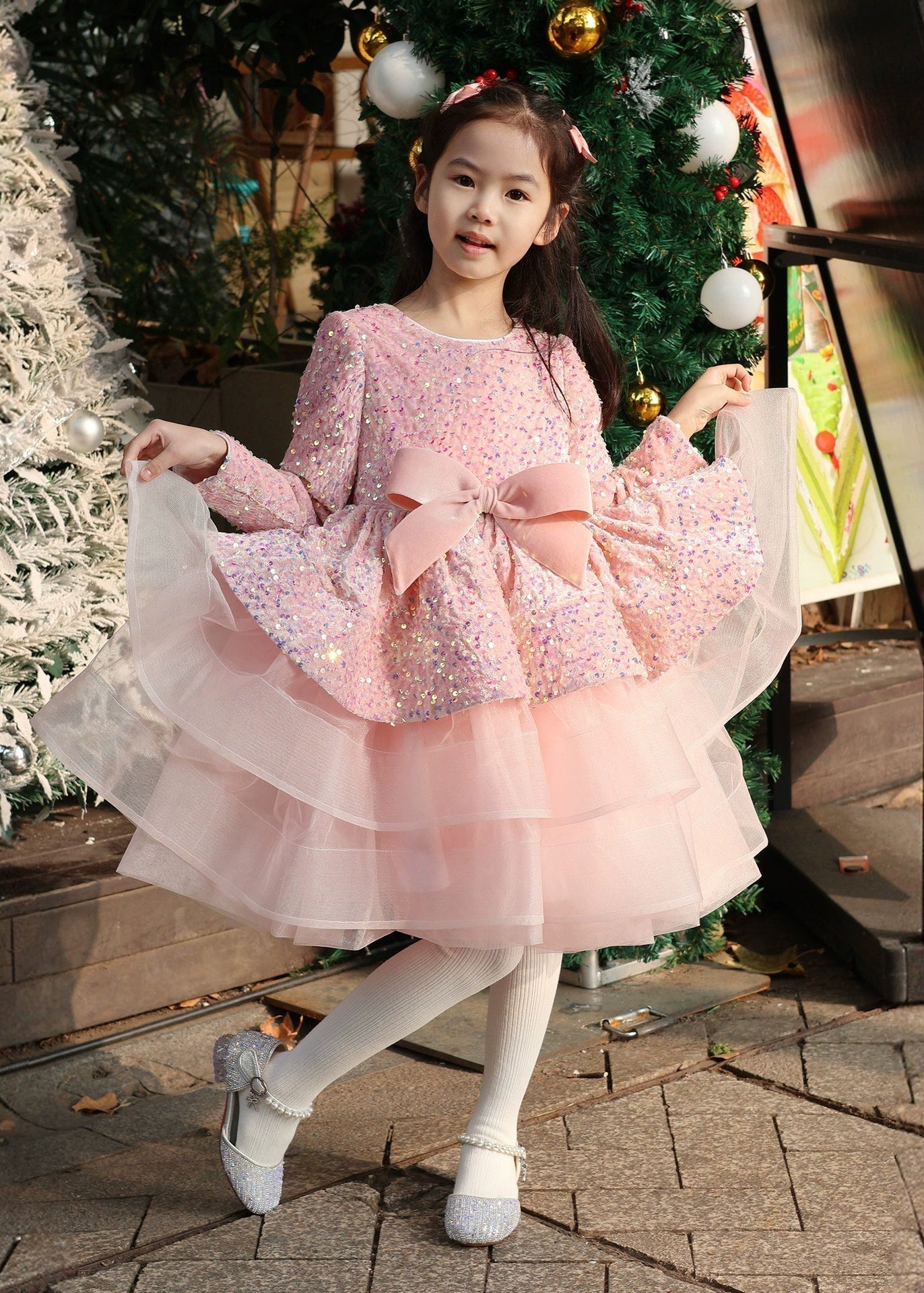 New Pink Sequins Tulle Patchwork Bow Girls Maxi Dresses Spring YG013 ABC