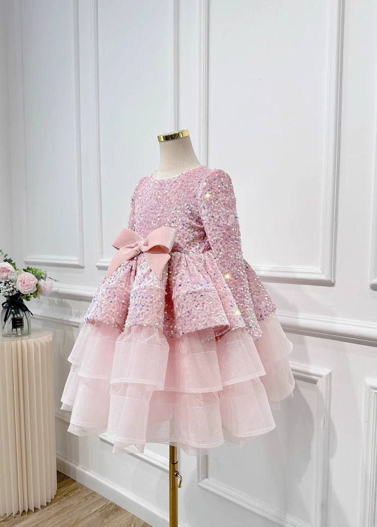 New Pink Sequins Tulle Patchwork Bow Girls Maxi Dresses Spring YG013 ABC