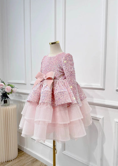 New Pink Sequins Tulle Patchwork Bow Girls Maxi Dresses Spring YG013 ABC