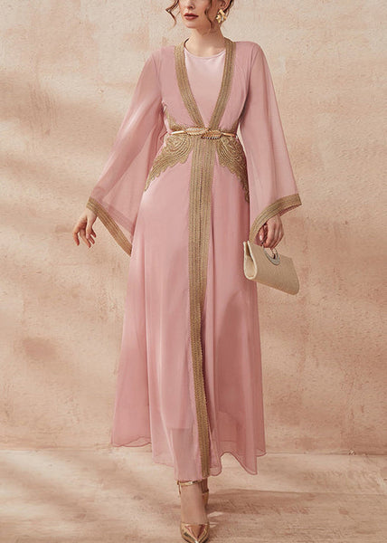 New Pink Solid Tie Waist Chiffon Two Pieces Set Flare Sleeve AA1001 Ada Fashion