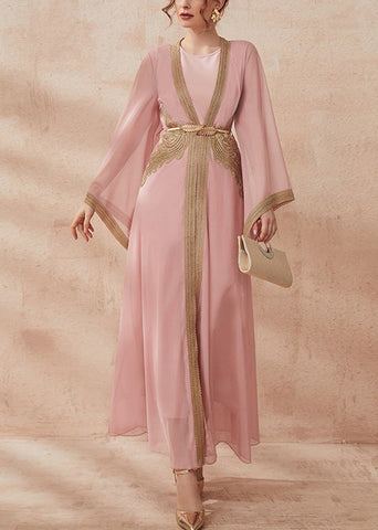 New Pink Solid Tie Waist Chiffon Two Pieces Set Flare Sleeve AA1001 Ada Fashion