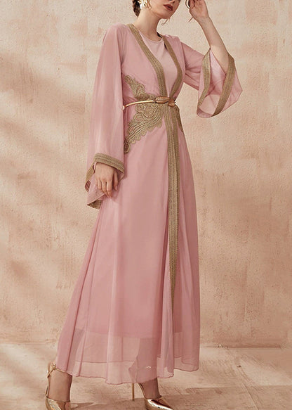 New Pink Solid Tie Waist Chiffon Two Pieces Set Flare Sleeve AA1001 Ada Fashion