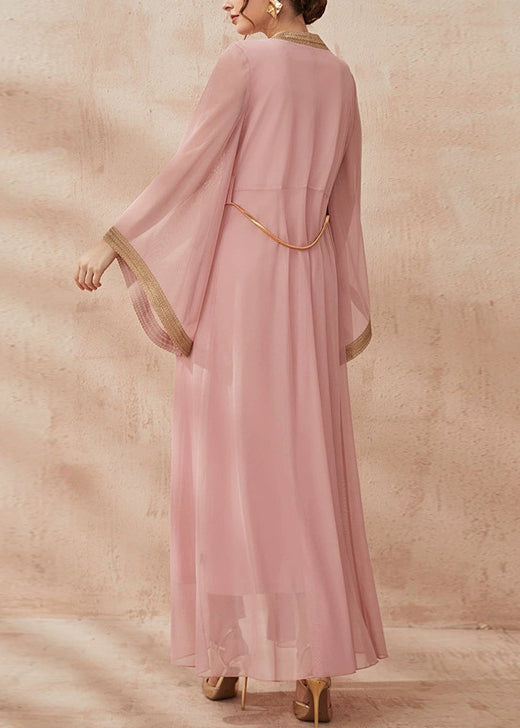 New Pink Solid Tie Waist Chiffon Two Pieces Set Flare Sleeve AA1001 Ada Fashion