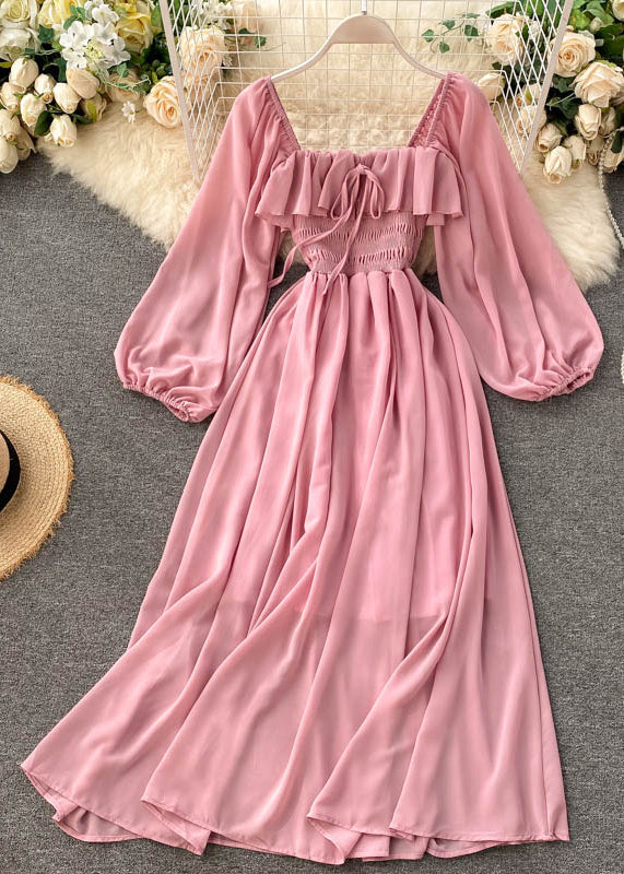 New Pink Square Collar Ruffled Chiffon Dress Fall TR026 ZS-FDL240730