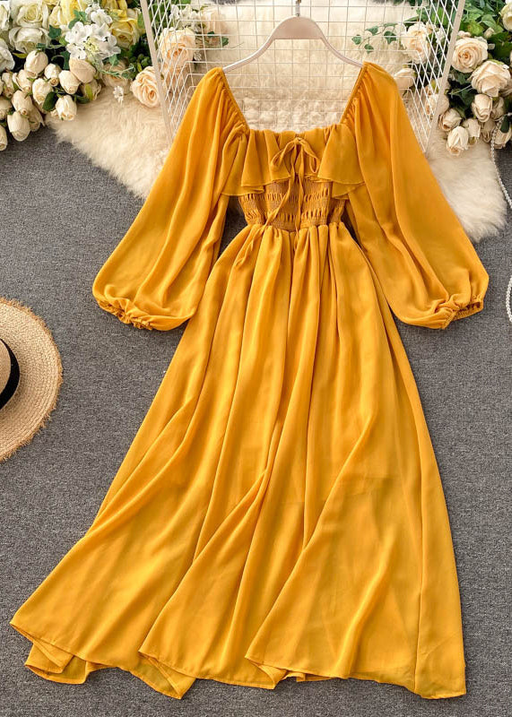 New Pink Square Collar Ruffled Chiffon Dress Fall TR026 ZS-FDL240730