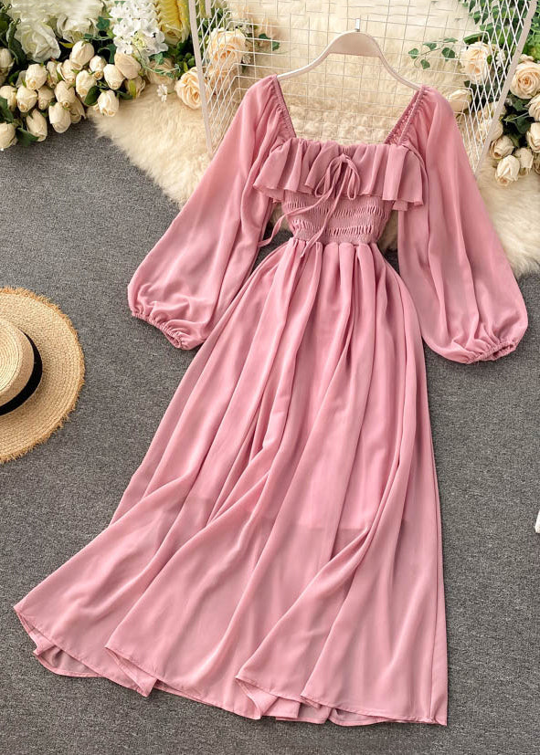 New Pink Square Collar Ruffled Chiffon Dress Fall TR026 ZS-FDL240730