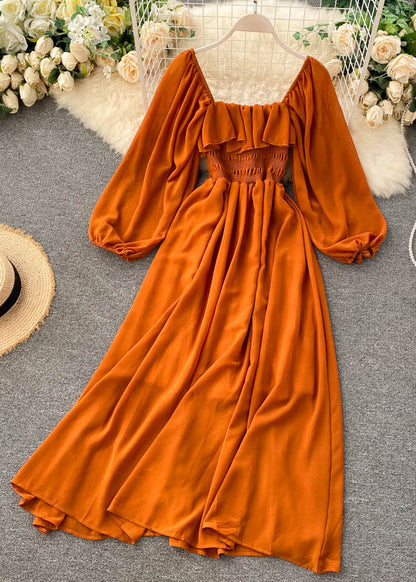 New Pink Square Collar Ruffled Chiffon Dress Fall TR026 ZS-FDL240730