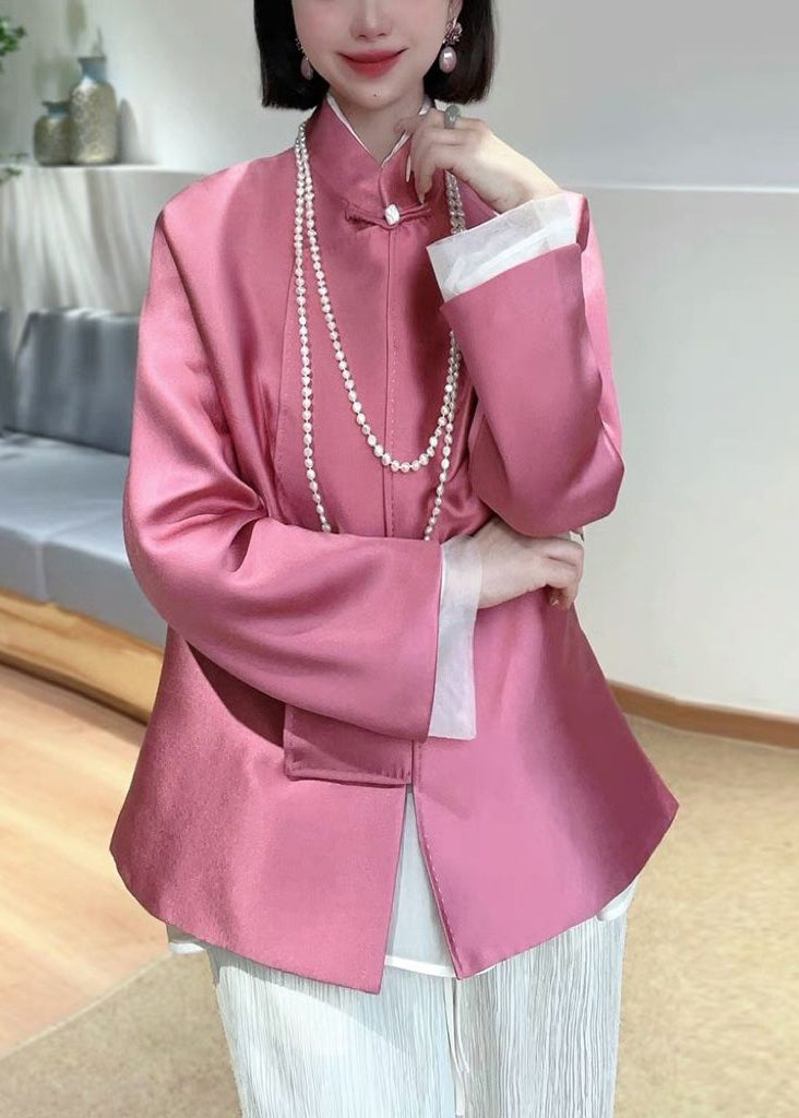 New Pink Stand Collar Button Patchwork Silk Coats Spring Ada Fashion