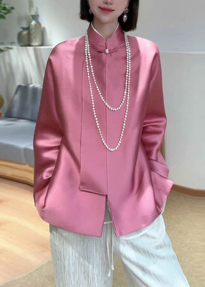 New Pink Stand Collar Button Patchwork Silk Coats Spring Ada Fashion