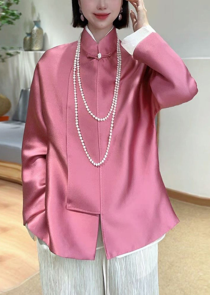 New Pink Stand Collar Button Patchwork Silk Coats Spring Ada Fashion