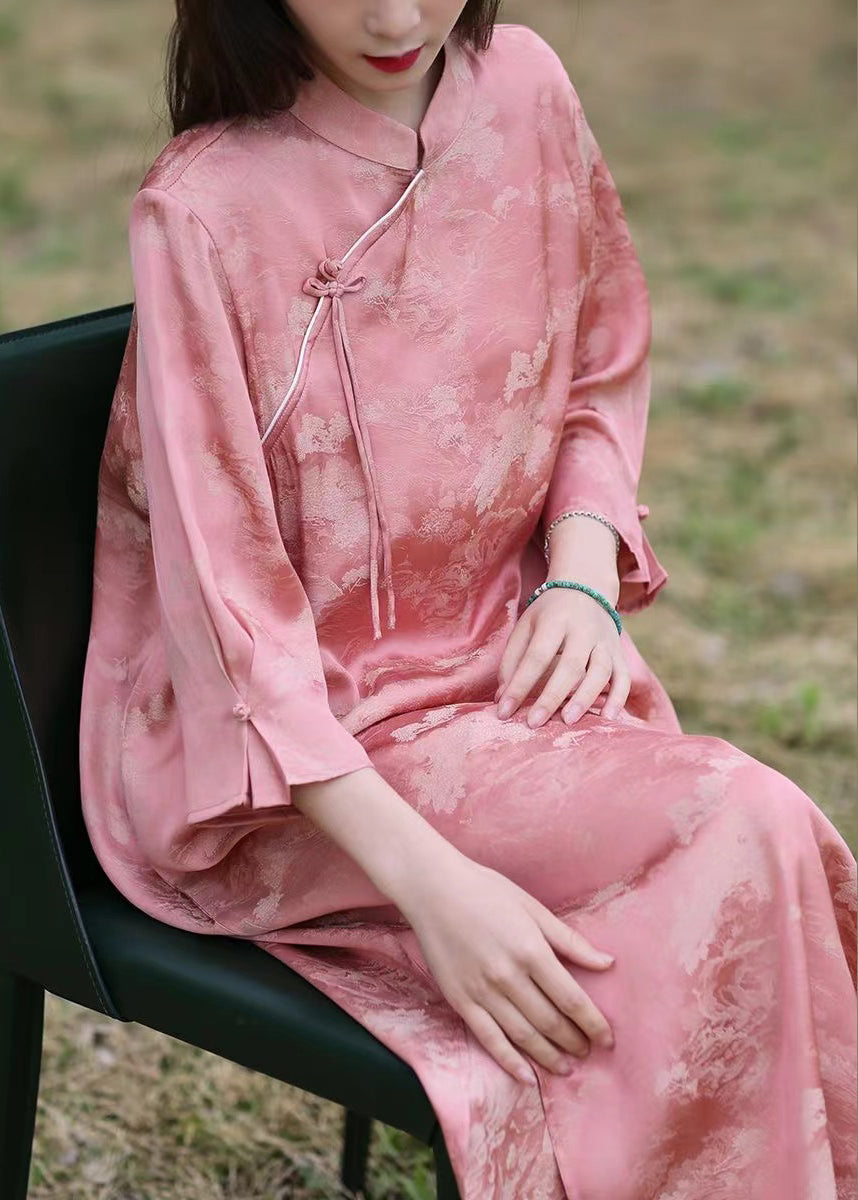 New Pink Stand Collar Chinese Button Silk Cotton Long Dress Bracelet Sleeve AU1051 MZF-240903