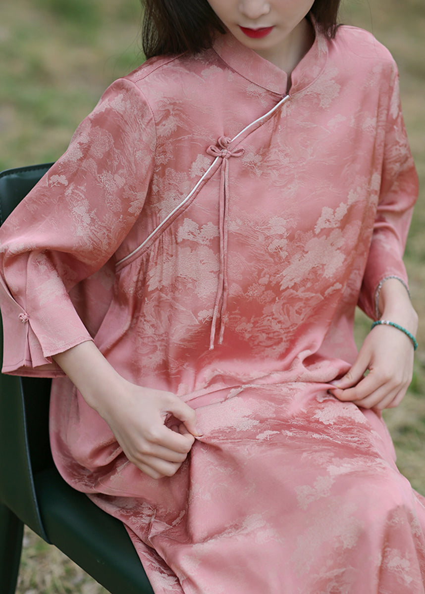 New Pink Stand Collar Chinese Button Silk Cotton Long Dress Bracelet Sleeve AU1051 MZF-240903