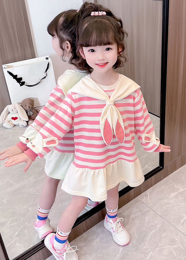 New Pink Striped Bow Cotton Girls Dresses Long Sleeve XZ064 FALL-MM-RCTZ-FDM240618