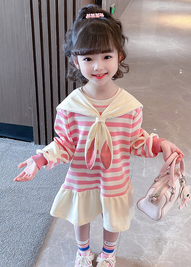 New Pink Striped Bow Cotton Girls Dresses Long Sleeve XZ064 FALL-MM-RCTZ-FDM240618