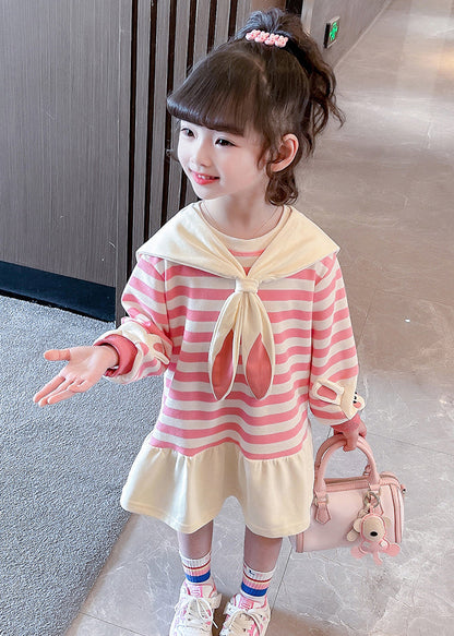 New Pink Striped Bow Cotton Girls Dresses Long Sleeve XZ064 FALL-MM-RCTZ-FDM240618