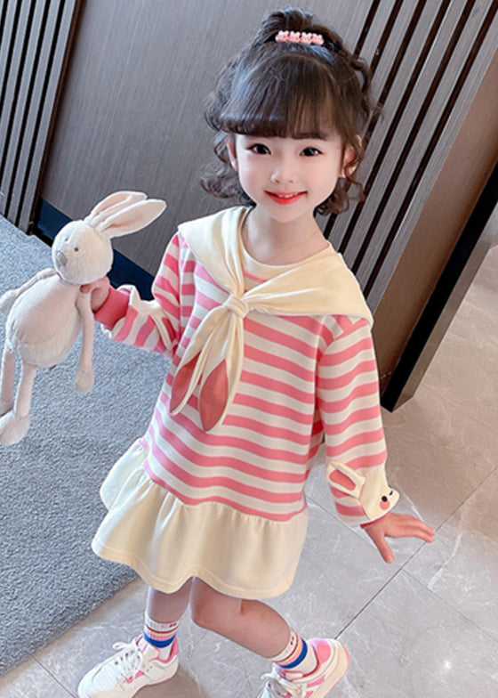 New Pink Striped Bow Cotton Girls Dresses Long Sleeve XZ064 FALL-MM-RCTZ-FDM240618