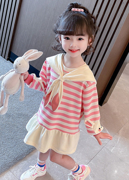 New Pink Striped Bow Cotton Girls Dresses Long Sleeve XZ064 FALL-MM-RCTZ-FDM240618