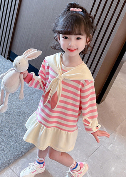New Pink Striped Bow Cotton Girls Dresses Long Sleeve XZ064 FALL-MM-RCTZ-FDM240618
