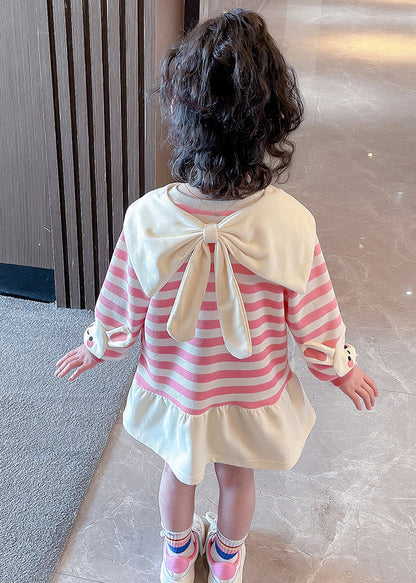New Pink Striped Bow Cotton Girls Dresses Long Sleeve XZ064 FALL-MM-RCTZ-FDM240618