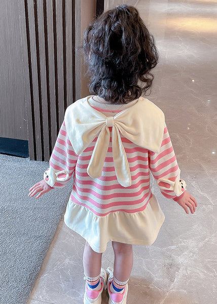 New Pink Striped Bow Cotton Girls Dresses Long Sleeve XZ064 FALL-MM-RCTZ-FDM240618