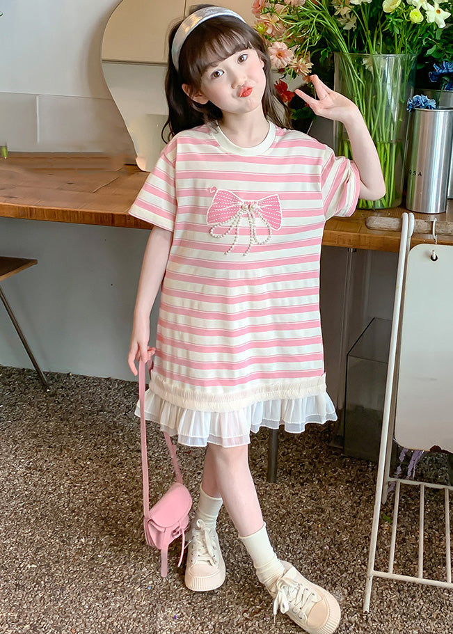 New Pink Striped Ruffled Patchwork Cotton Girls T Shirt Dress Summer EW057 WS-RCTZSDGL240809