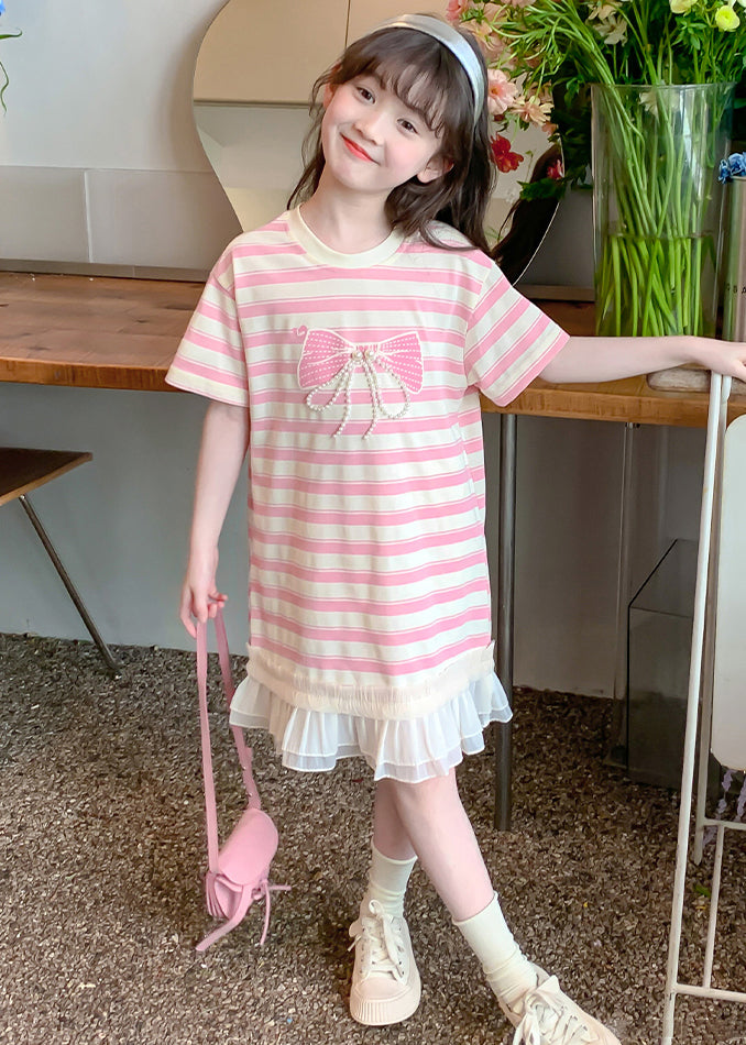 New Pink Striped Ruffled Patchwork Cotton Girls T Shirt Dress Summer EW057 WS-RCTZSDGL240809