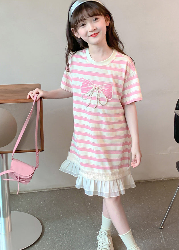 New Pink Striped Ruffled Patchwork Cotton Girls T Shirt Dress Summer EW057 WS-RCTZSDGL240809