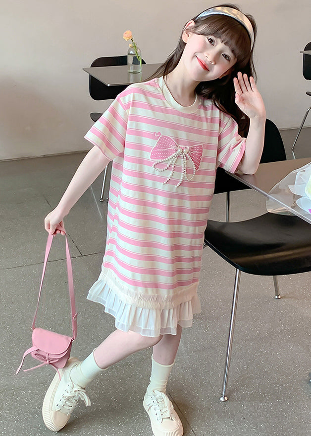 New Pink Striped Ruffled Patchwork Cotton Girls T Shirt Dress Summer EW057 WS-RCTZSDGL240809