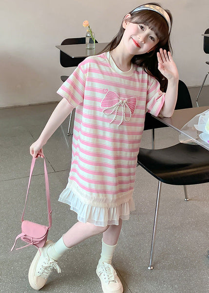 New Pink Striped Ruffled Patchwork Cotton Girls T Shirt Dress Summer EW057 WS-RCTZSDGL240809