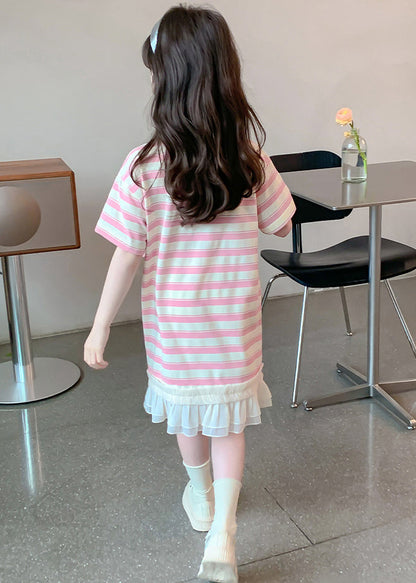 New Pink Striped Ruffled Patchwork Cotton Girls T Shirt Dress Summer EW057 WS-RCTZSDGL240809