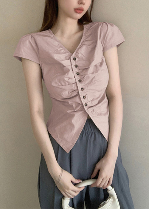New Pink V Neck Button Cotton T Shirt Summer OP1096 Ada Fashion