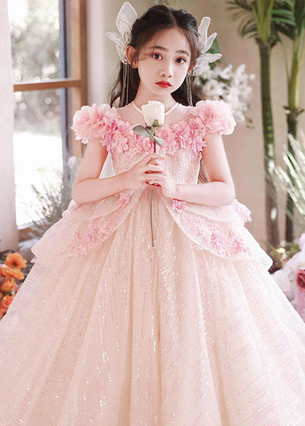 New Pink V Neck Floral Flattering Tulle Girls Maxi Dress Summer YE005 ABC