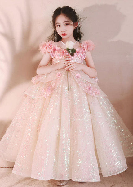 New Pink V Neck Floral Flattering Tulle Girls Maxi Dress Summer YE005 ABC