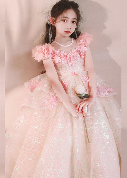 New Pink V Neck Floral Flattering Tulle Girls Maxi Dress Summer YE005 ABC