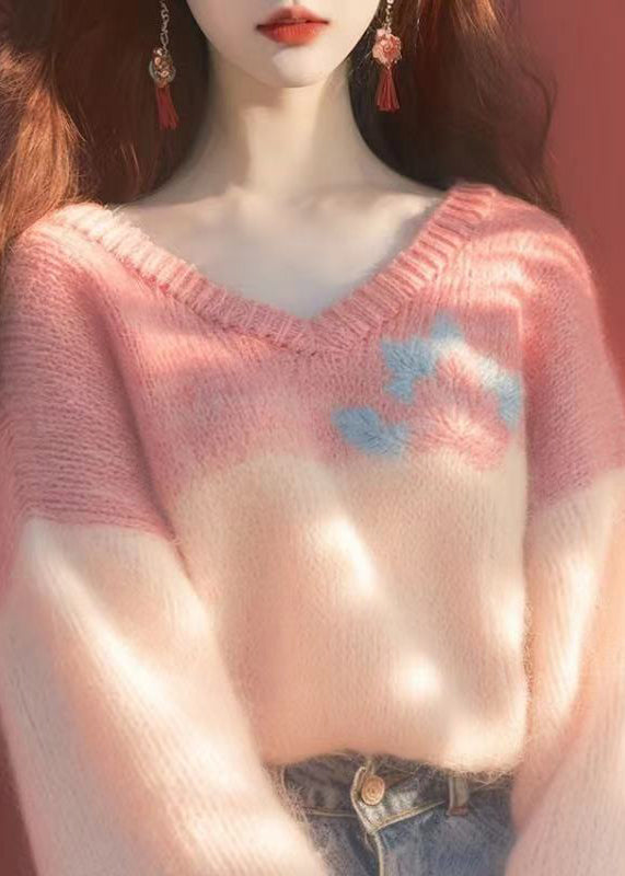 New Pink V Neck Patchwork Knit Sweaters Winter WX020 ABC