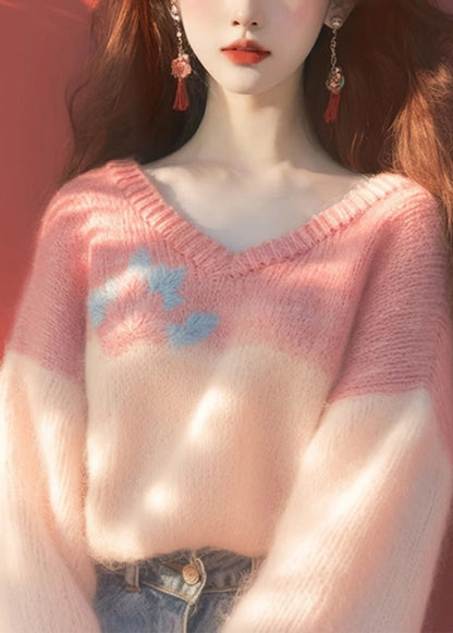 New Pink V Neck Patchwork Knit Sweaters Winter WX020 ABC