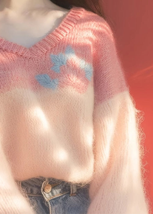 New Pink V Neck Patchwork Knit Sweaters Winter WX020 ABC