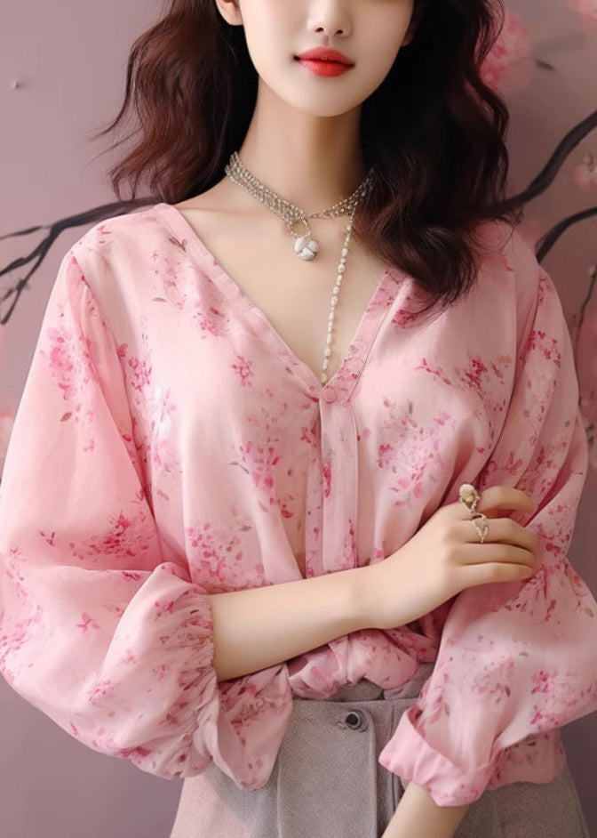 New Pink V Neck Print Chiffon Shirt Long Sleeve KJ020 ZS-LTP240715