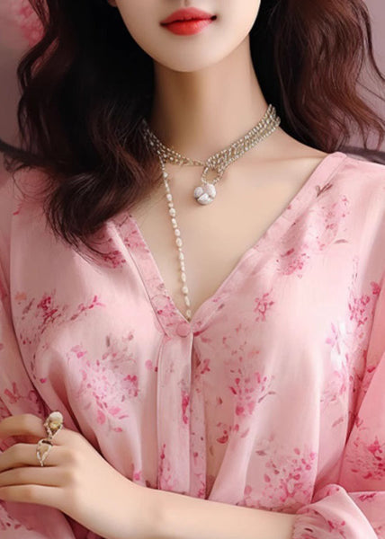 New Pink V Neck Print Chiffon Shirt Long Sleeve KJ020 ZS-LTP240715