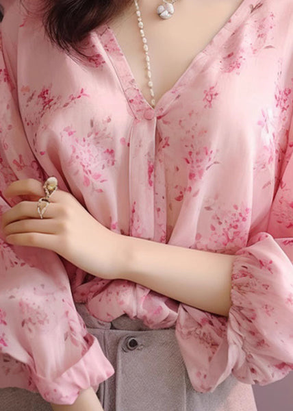 New Pink V Neck Print Chiffon Shirt Long Sleeve KJ020 ZS-LTP240715