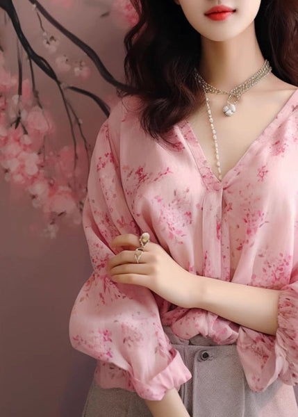 New Pink V Neck Print Chiffon Shirt Long Sleeve KJ020 ZS-LTP240715