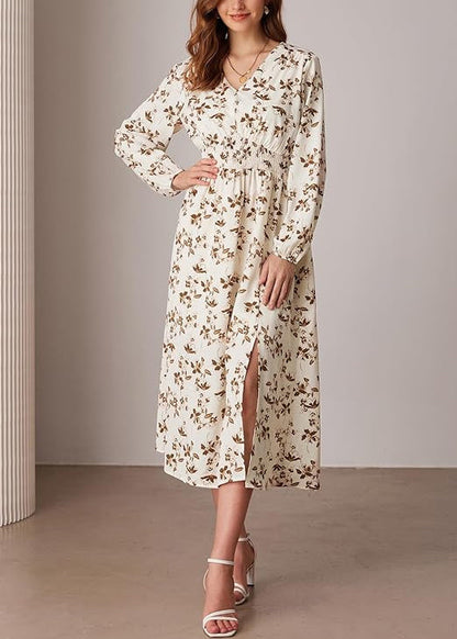 New Pink V Neck Print Front Open Dresses Long Sleeve AU1032 OM-ZS240902