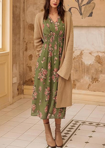 New Pink V Neck Print Front Open Dresses Long Sleeve AU1032 OM-ZS240902