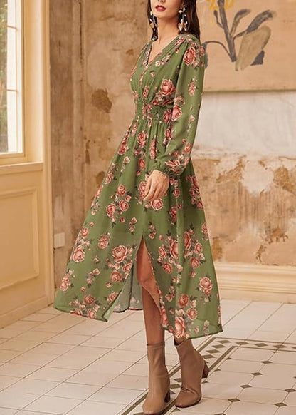 New Pink V Neck Print Front Open Dresses Long Sleeve AU1032 OM-ZS240902